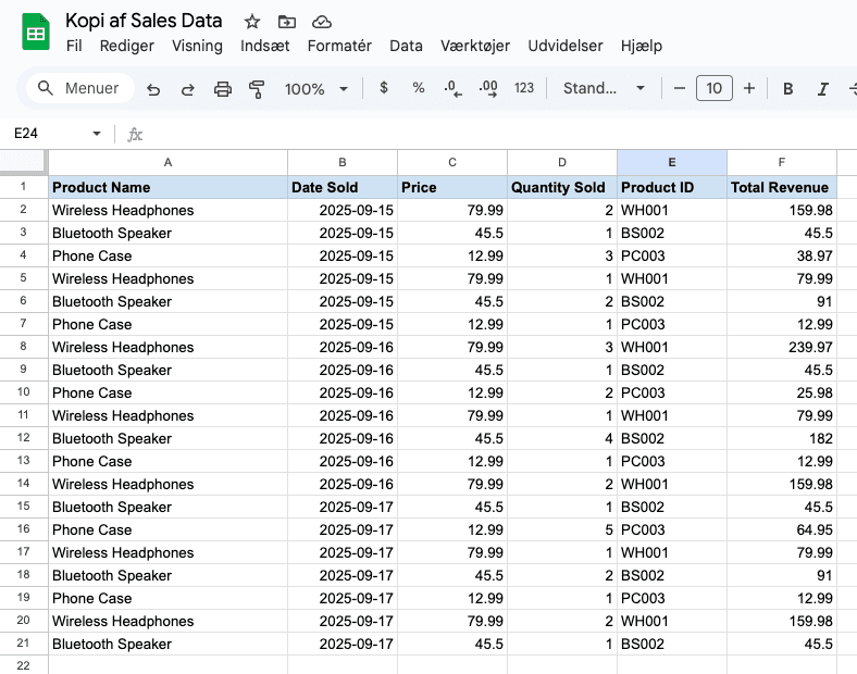 Chatbot Sales Example google sheet data